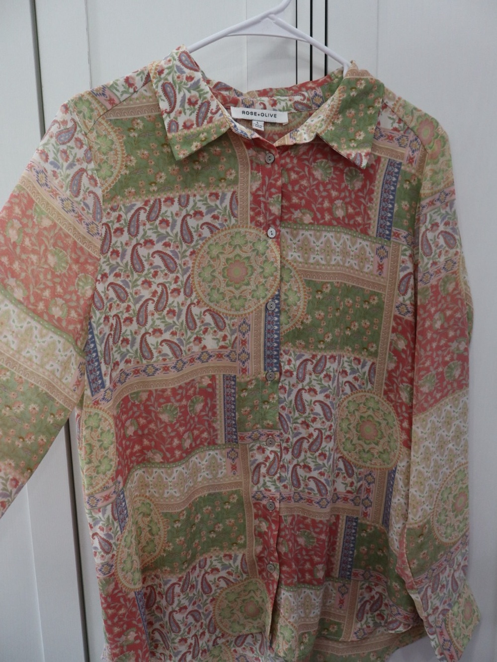 Rose & Olive Green and Coral Patchwork Button-Up Blouse